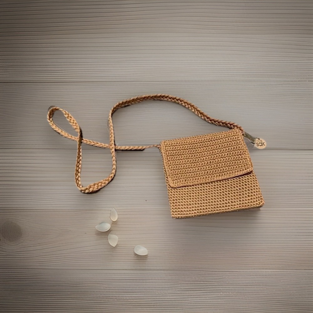 The Sak Crossbody Bag Brown Gold Crochet Braided Shoulder Strap Purse Charm Boho